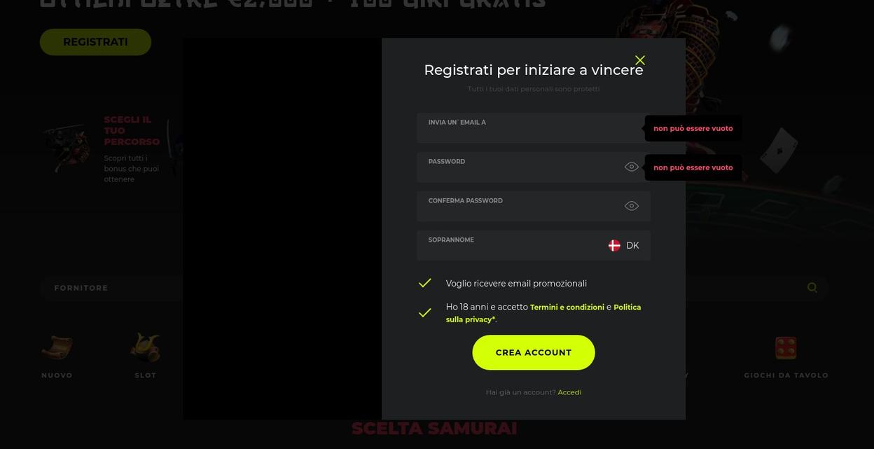 COME APRIRE UN ACCOUNT SU SPIN SAMURAI CASINO