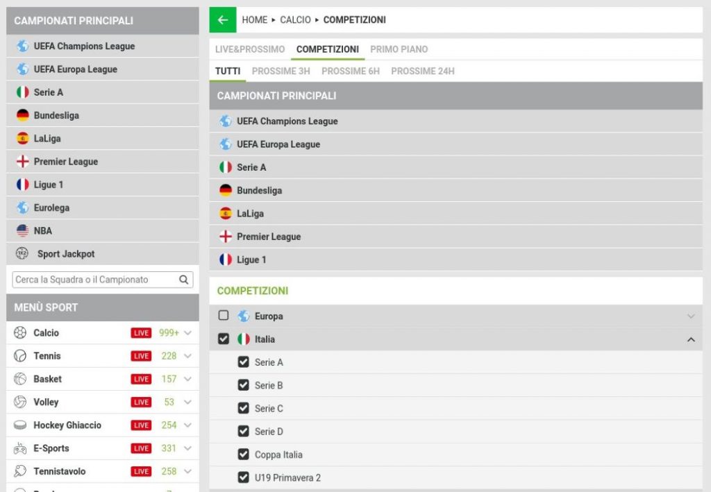 Opzioni di gioco disponibili per eventi calcistici