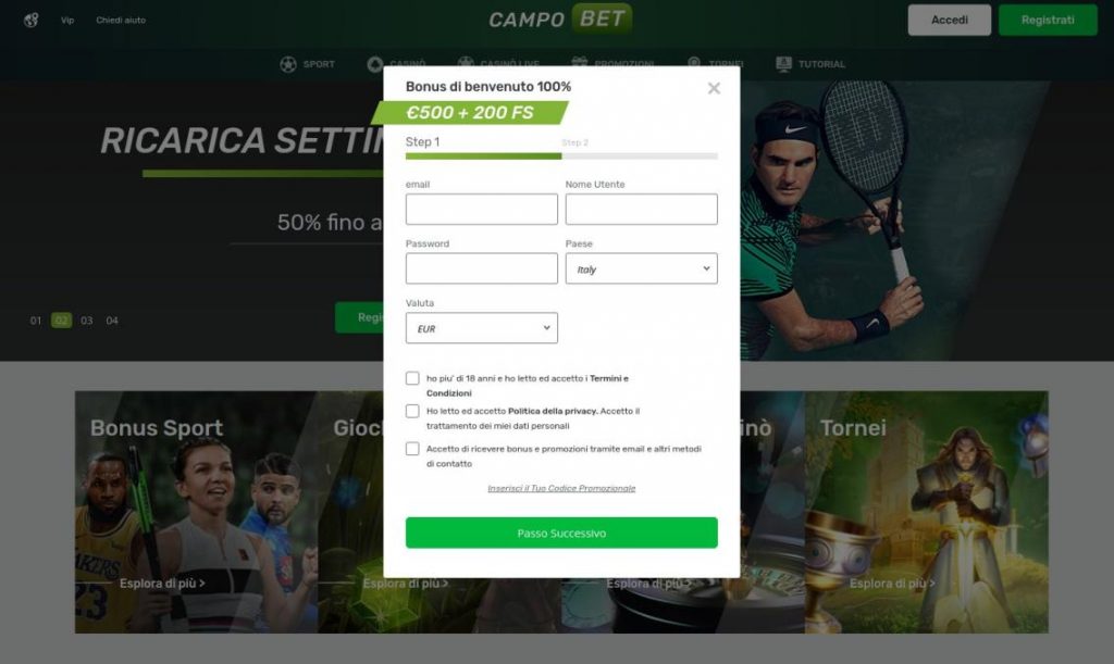 Aprire un account su CampoBet