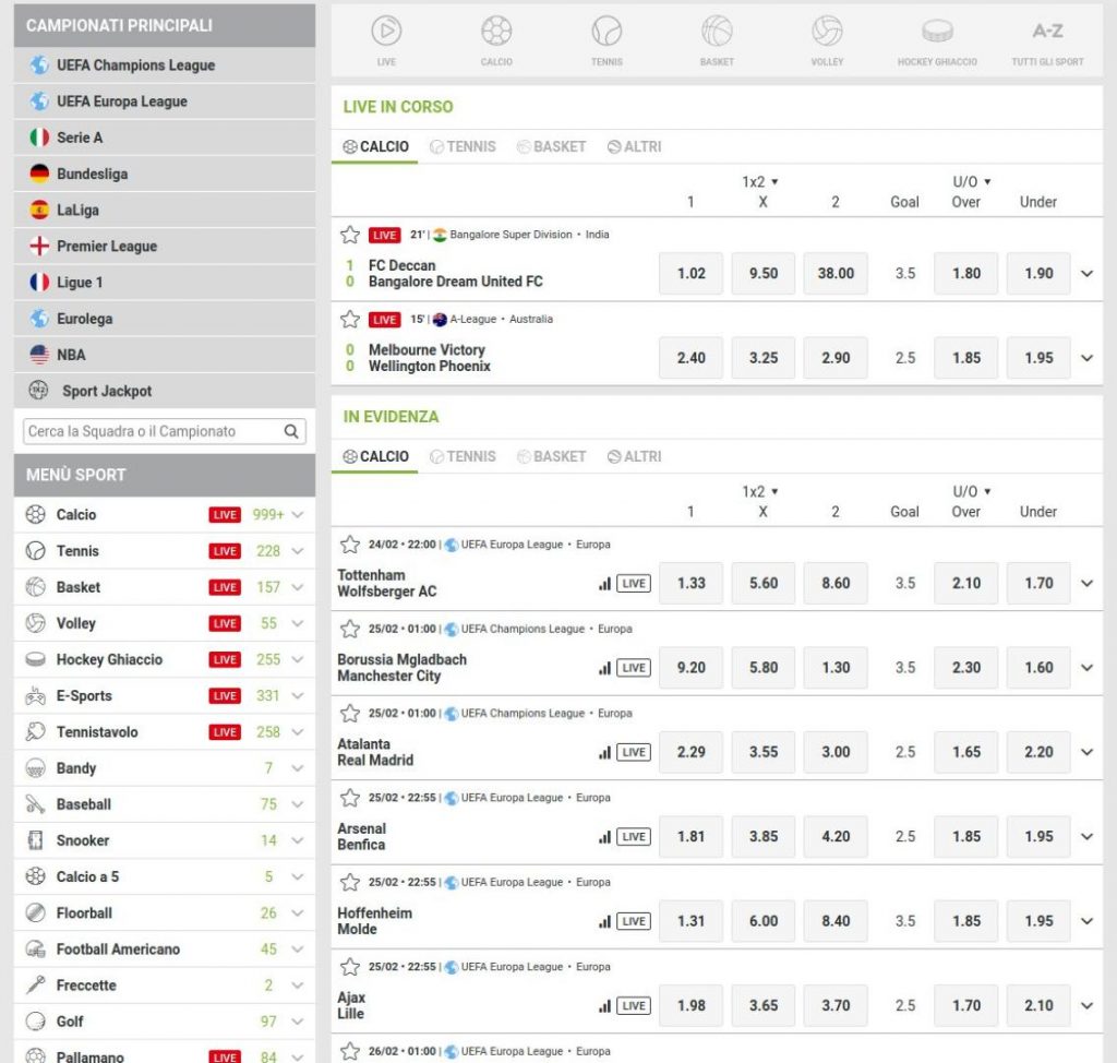 Eventi sportivi disponibili