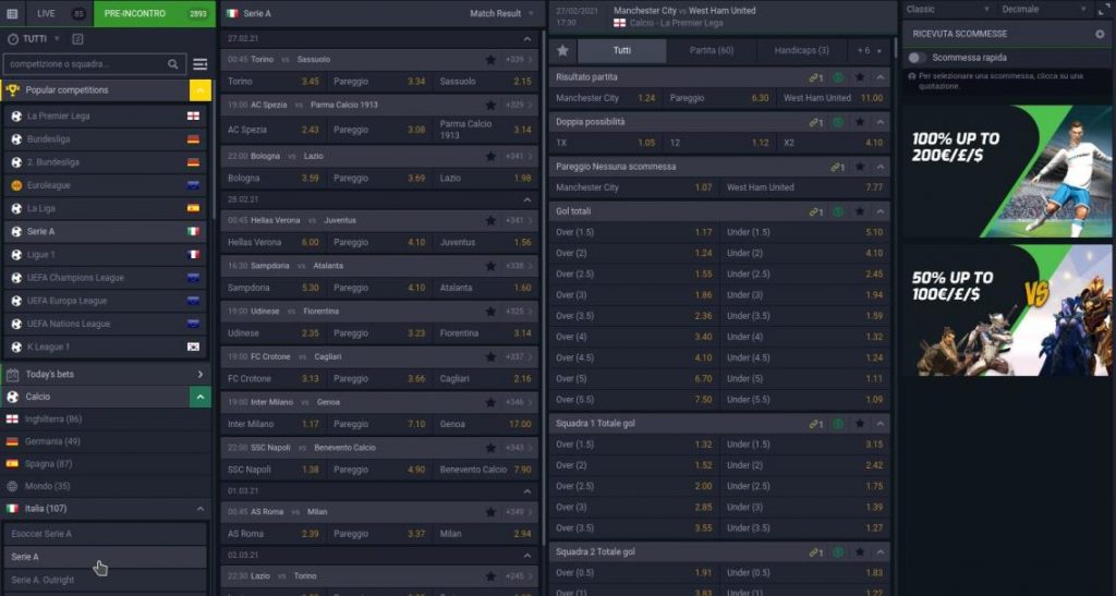 Scommesse disponibili per eventi calcistici
